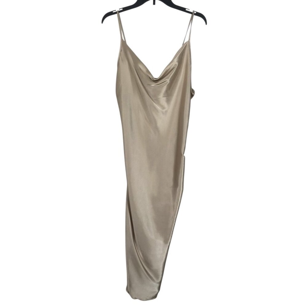 Bebe Dress Womens Size Large Beige‎ Champagne Satin Slip Dress Cowl Neck Ladies